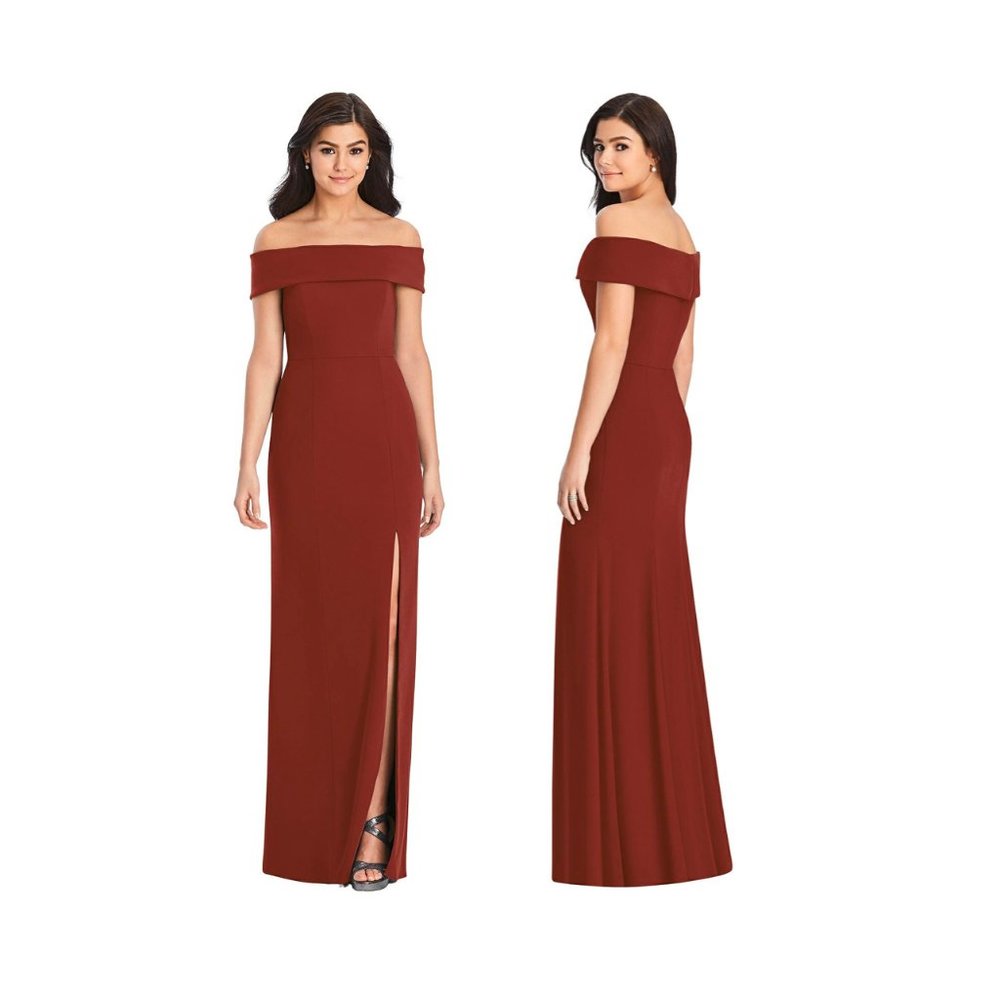 NWT Dessy Collection Crepe Cuffed Off-the-Shoulder Trumpet Gown in Auburn Moon